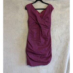 EILEEN FISHER Sheath Dress Womens 12 Burgundy Metallic Ruched V-Neck Sleeveless
